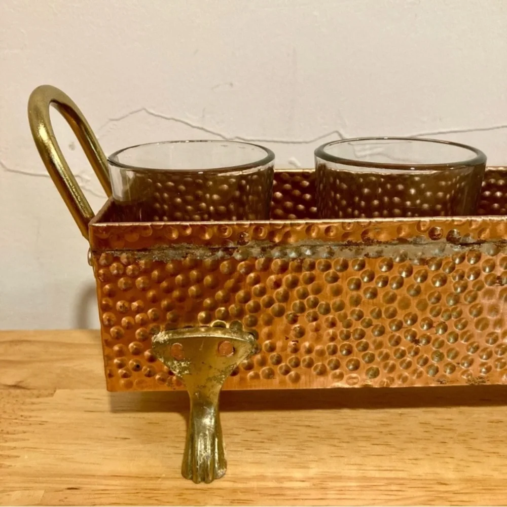 Hammered Metal Footed Container with 5 Glass Votive Holders Used Copper Colored - Picture 2 of 15